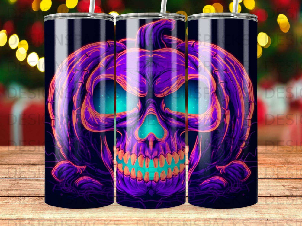 Purple and orange skull pumpkin with glowing teal eyes and jagged teeth.
