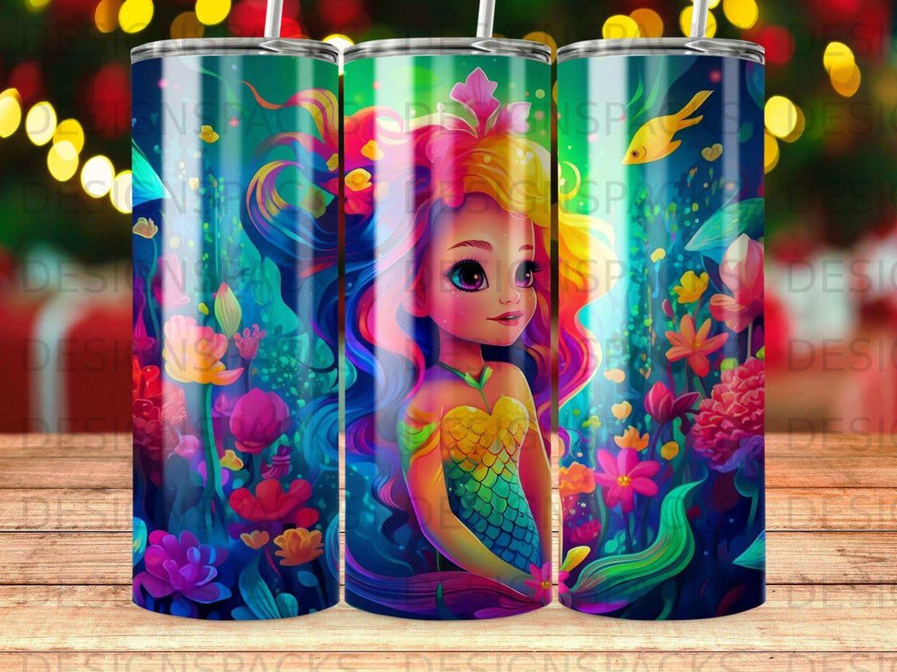 Mermaid with rainbow hair and scales surrounded by colorful underwater flora.