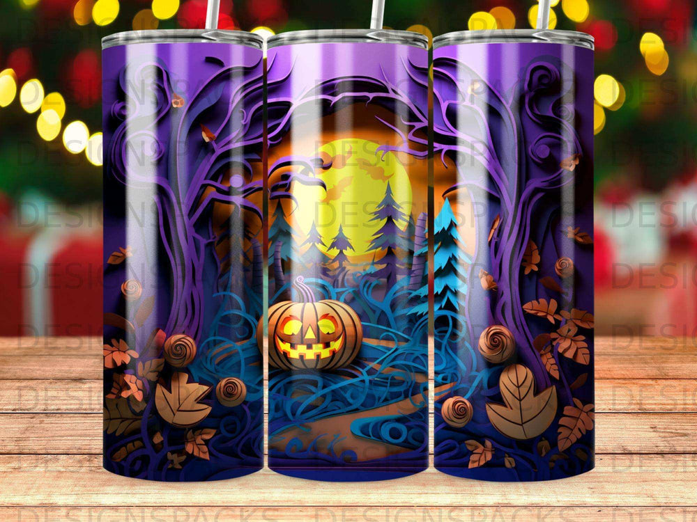 Halloween scene with jack-o'-lantern, trees, and falling leaves.
