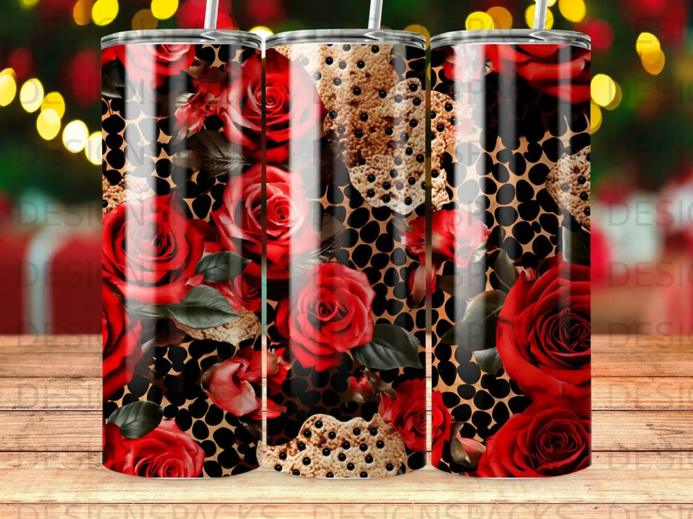 Tumbler with red roses and leopard print pattern.