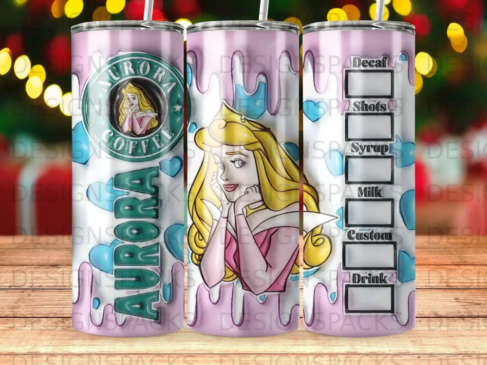 Aurora coffee cup with Princess Aurora illustration and menu text.