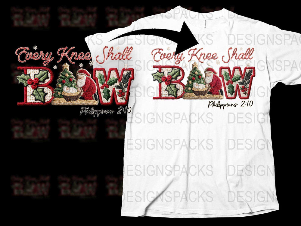Every Knee Shall Bow Christmas T-Shirt, Philippians 2:10 Bible Verse Shirt, Religious Holiday Tee, Floral and Holly Design