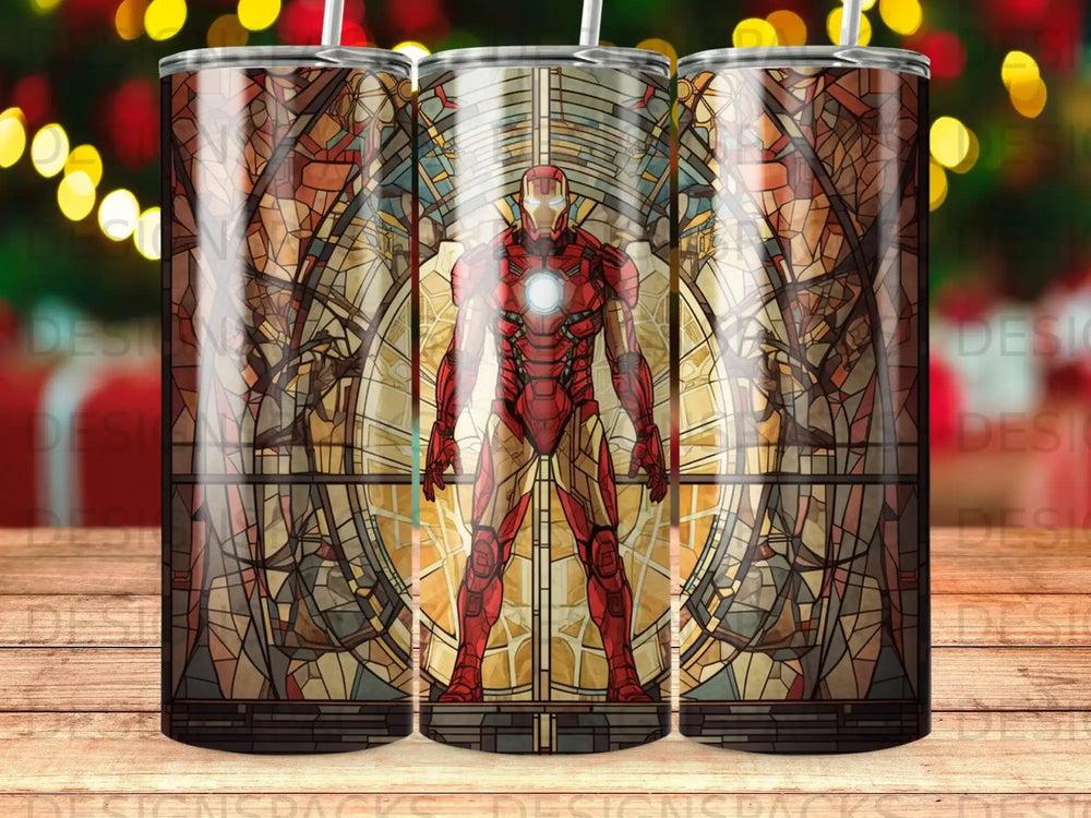 Iron Man stands in front of a stained-glass window with a glowing arc reactor.
