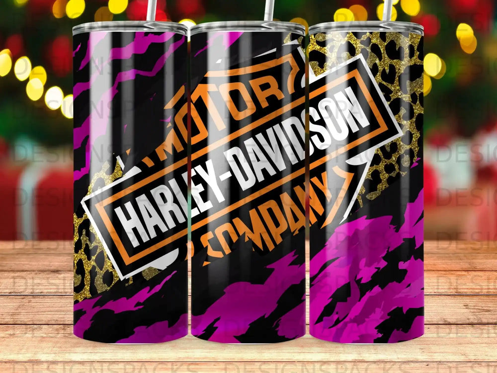 Harley-Davidson Company logo with black, purple, and gold leopard print.