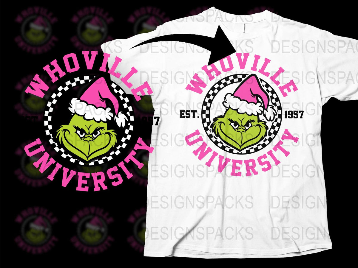 Whoville University T-Shirt, Grinch Face, Pink Santa Hat, 1957 Vintage Style Tee, Unisex Graphic Tee