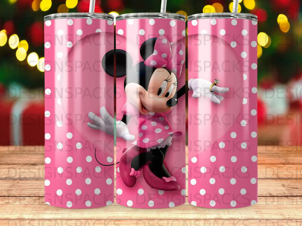 Minnie Mouse in pink dress and bow with polka dots background.