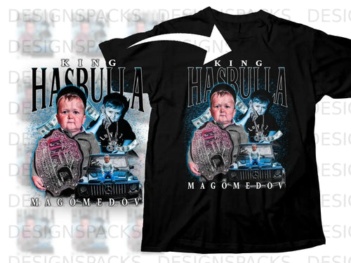King Hasbulla t-shirt with a championship belt, money, and a car graphic.