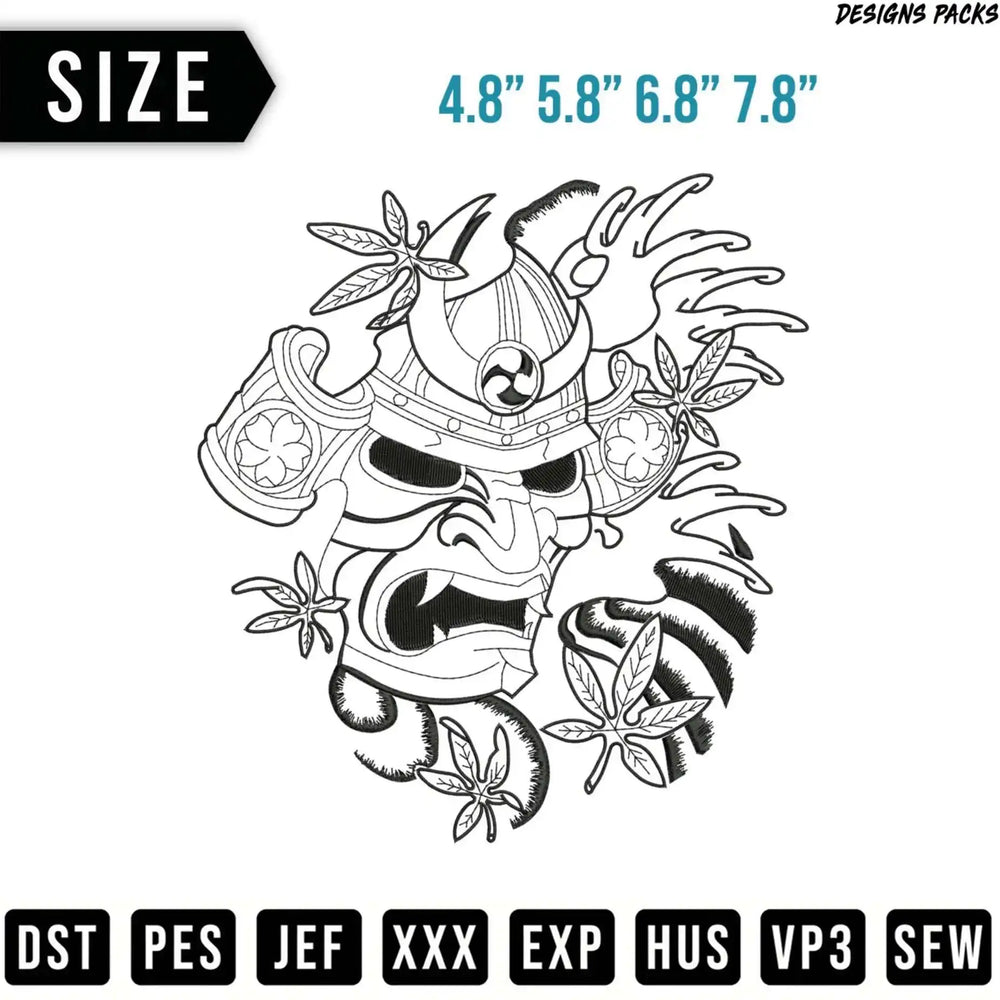 Samurai mask with floral elements, available in multiple sizes.