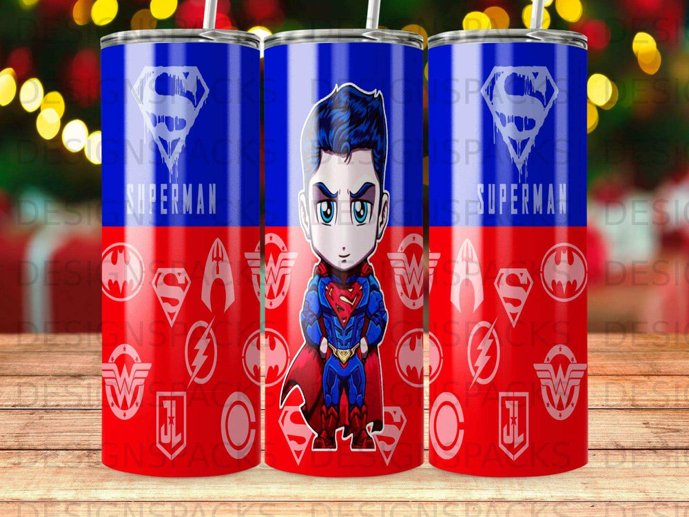Superman character with red cape on a blue tumbler, repeating logo background.