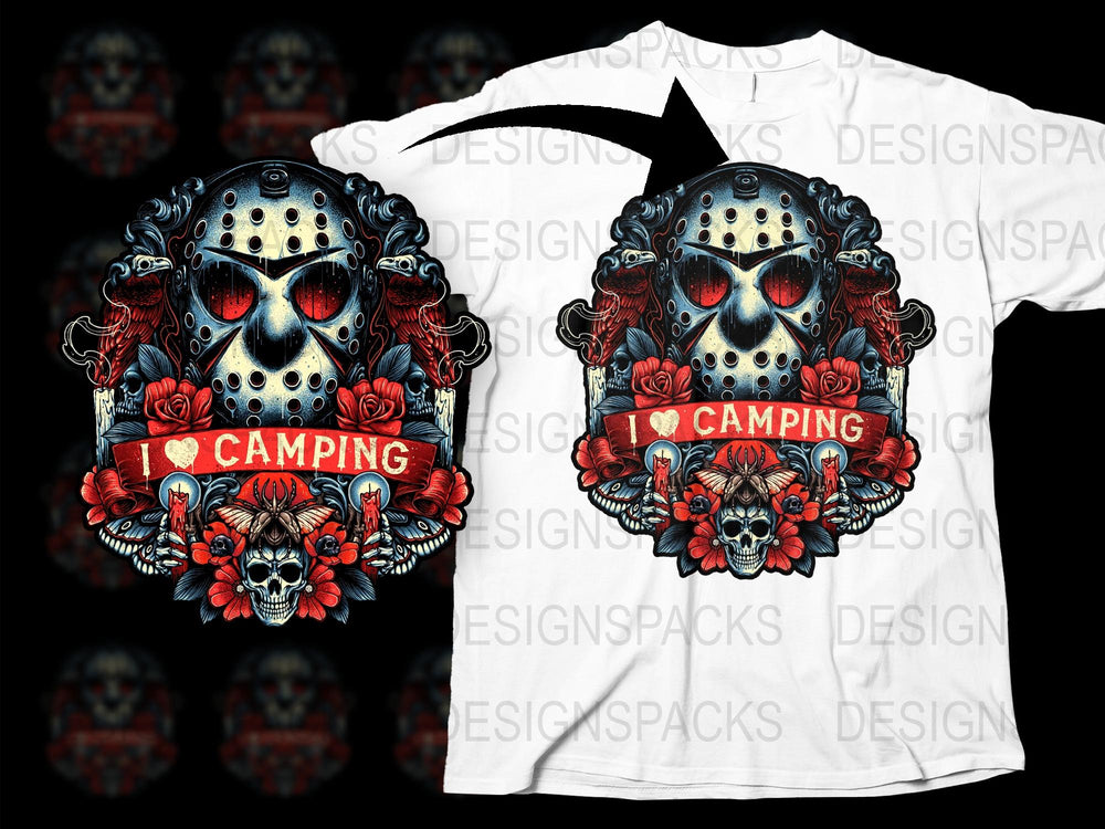 Gothic Skull Camping T-Shirt, Horror Fan Apparel, Unique Outdoor Adventure Graphic Tee, Unisex White Shirt