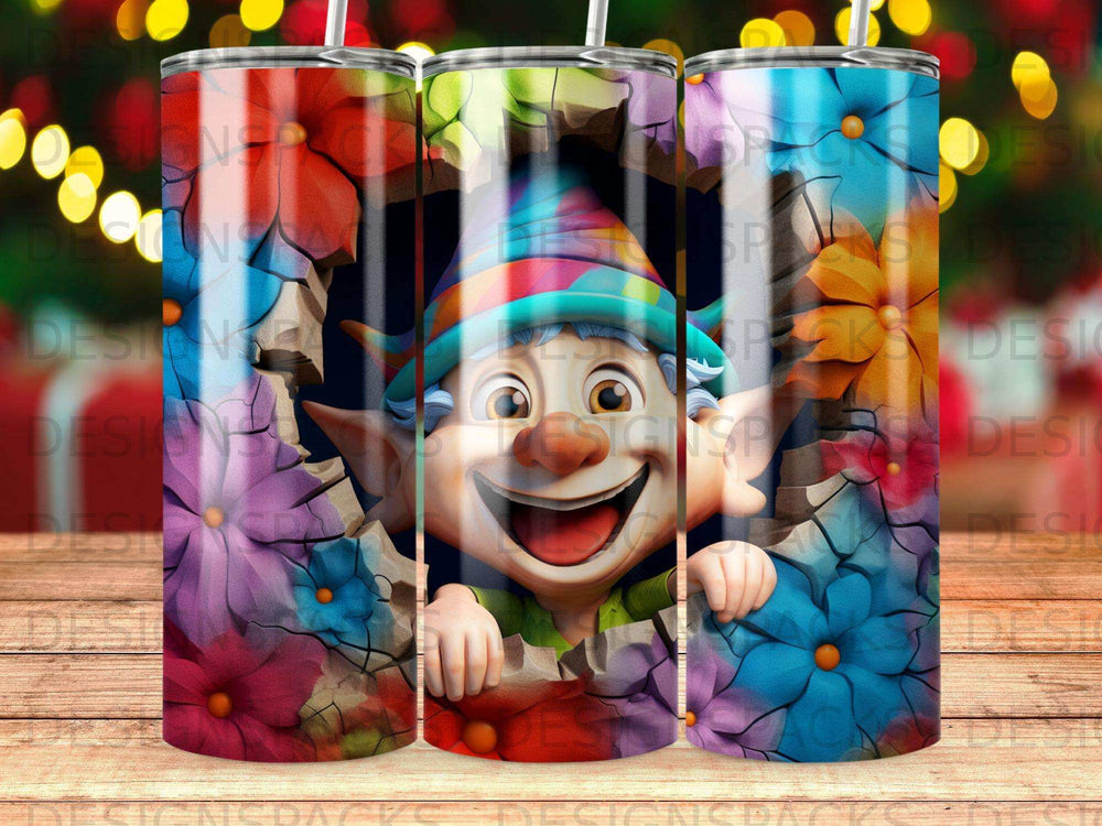 Happy cartoon elf peeks through colorful flowers and cracked wall.