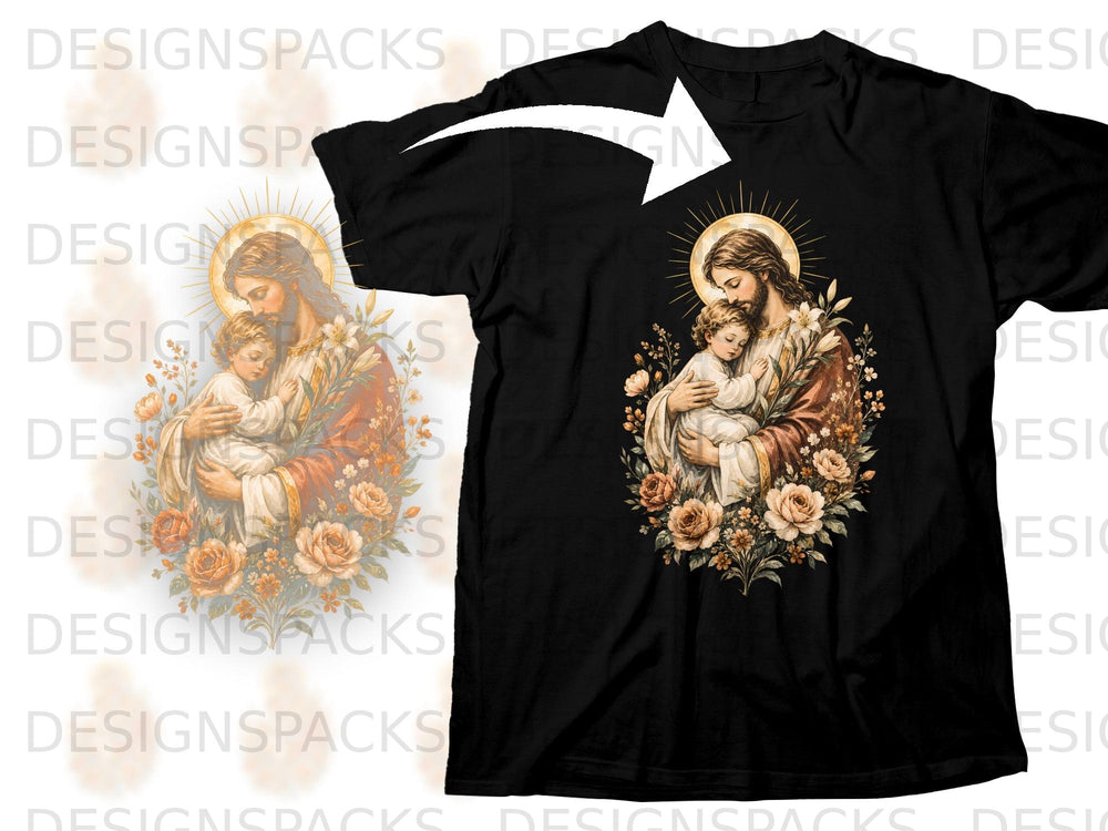 Jesus holding a child surrounded by flowers on a black t-shirt.
