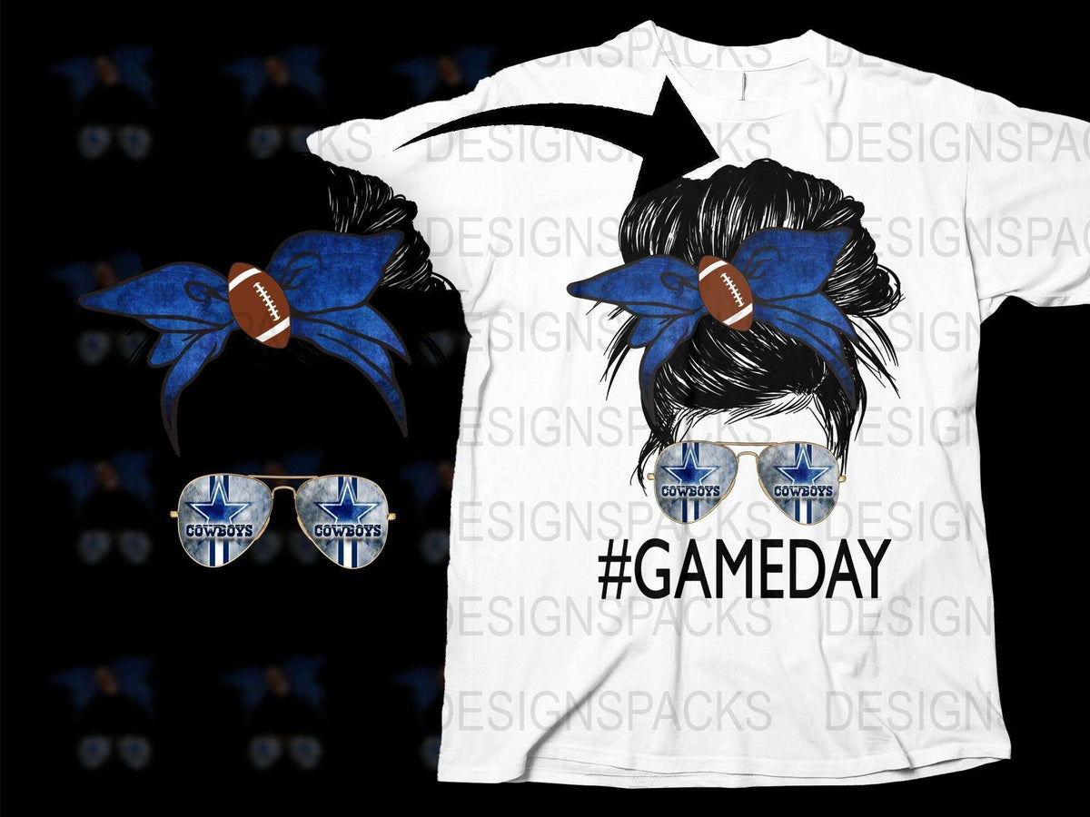 Dallas Football Game Day T-Shirt and Accessories Set, Fan Gear, Trendy Sports Outfit, Unisex White Tee with Blue Bow and Gloves