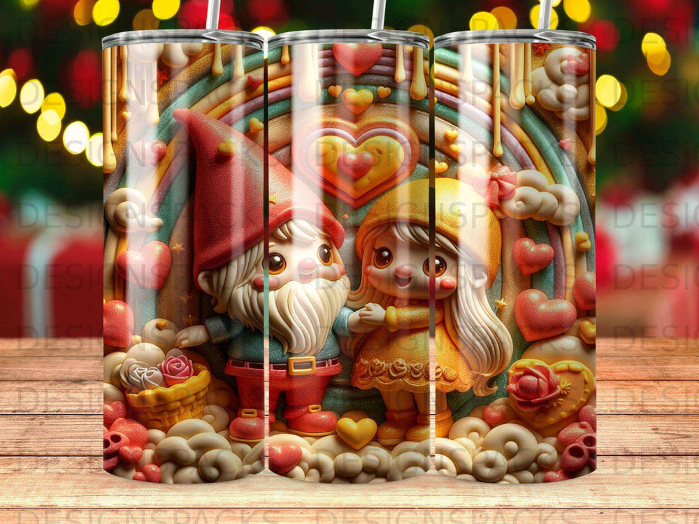 Gnomes and hearts on a rainbow background, with balloons and flowers.