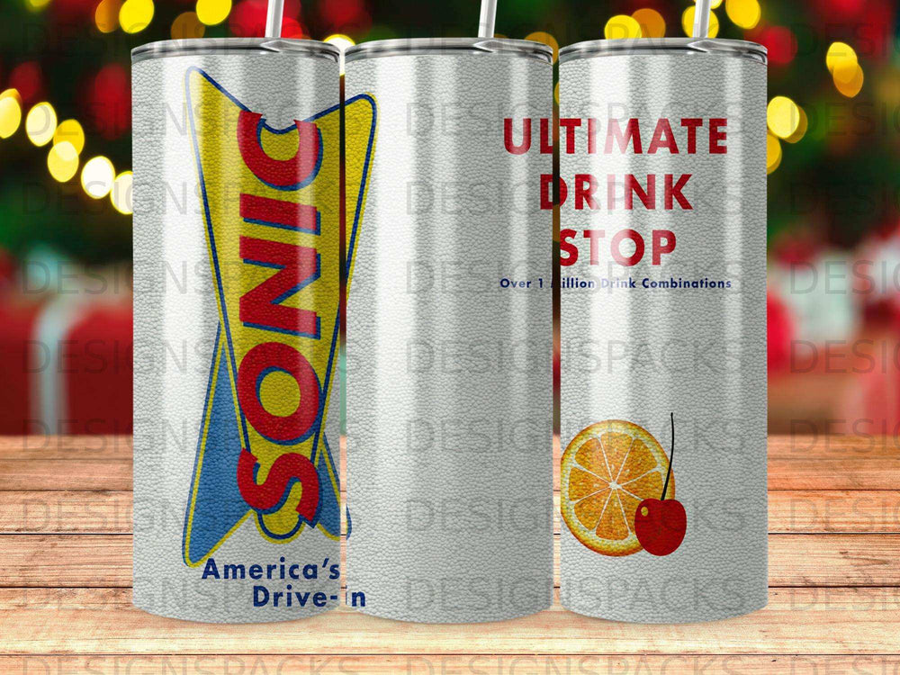 Sonic Drive-In tumbler with "Ultimate Drink Stop" and fruit.