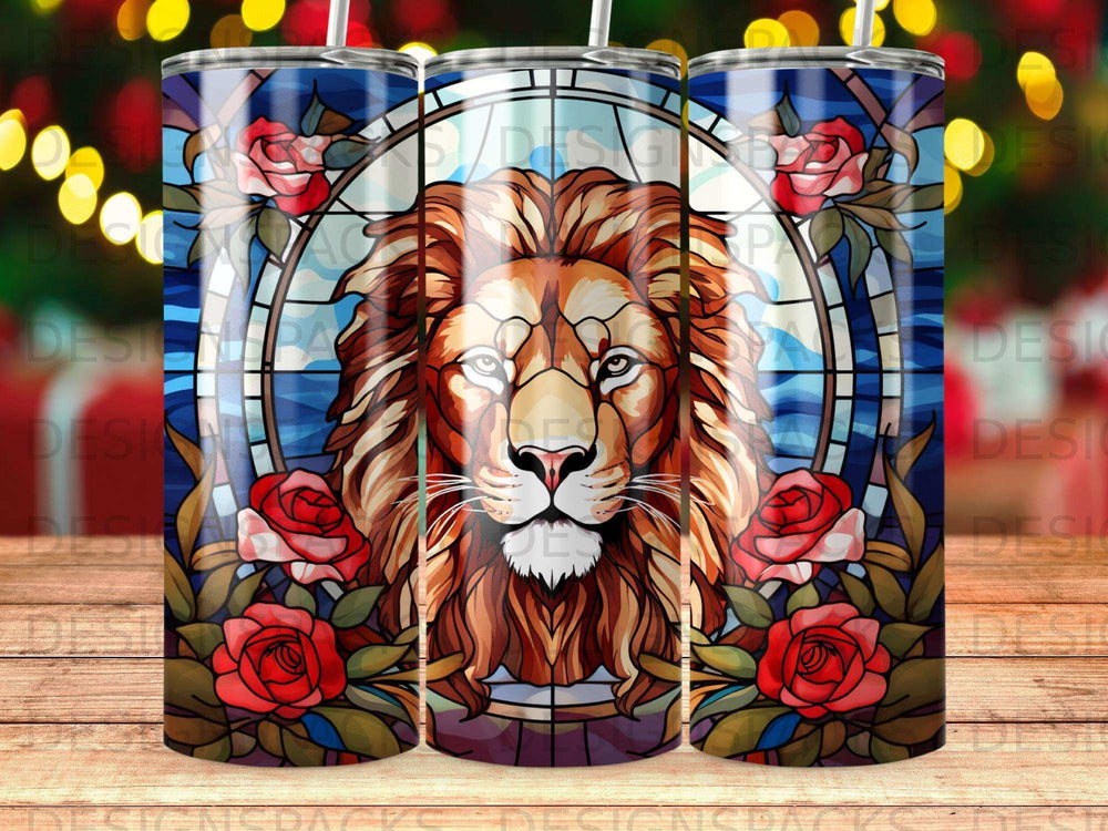 Lion's head with stained glass roses and blue background.