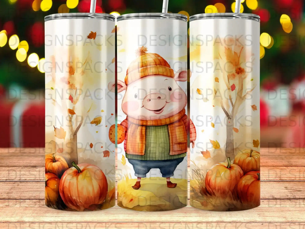 Pig wearing hat and scarf surrounded by pumpkins and autumn trees.