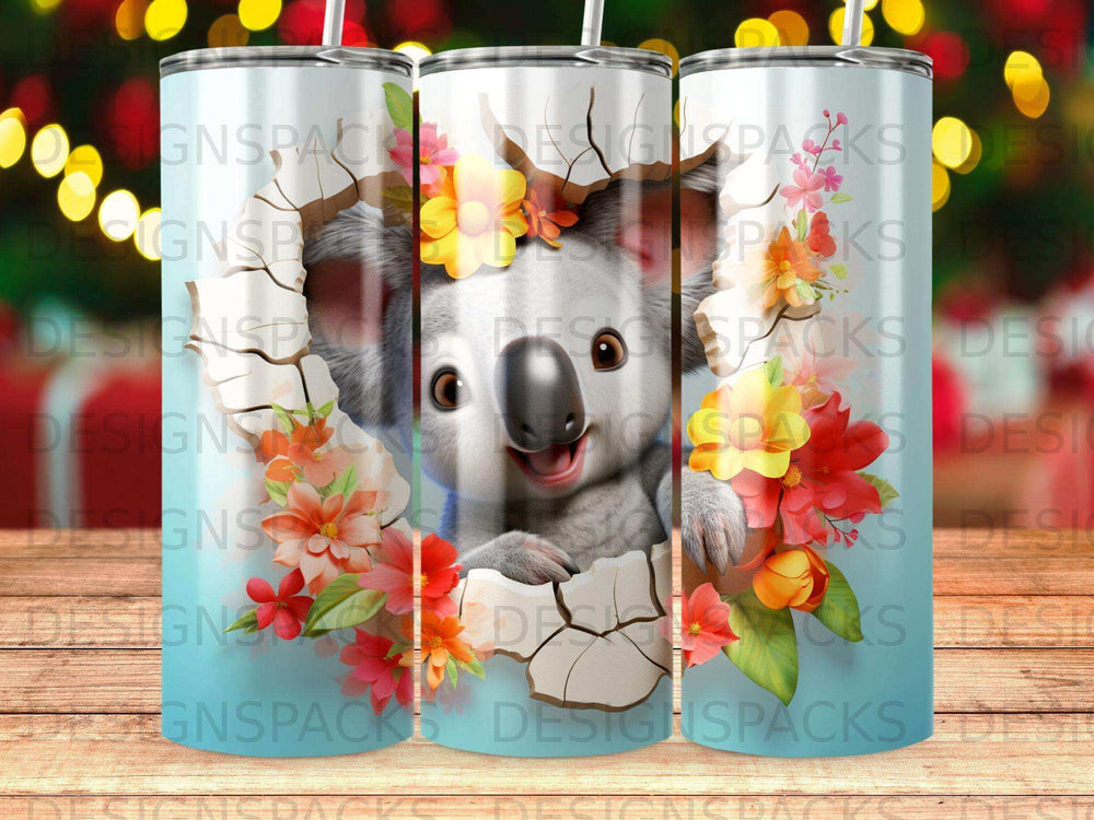 Cute cartoon koala peeking through cracked earth, surrounded by flowers.