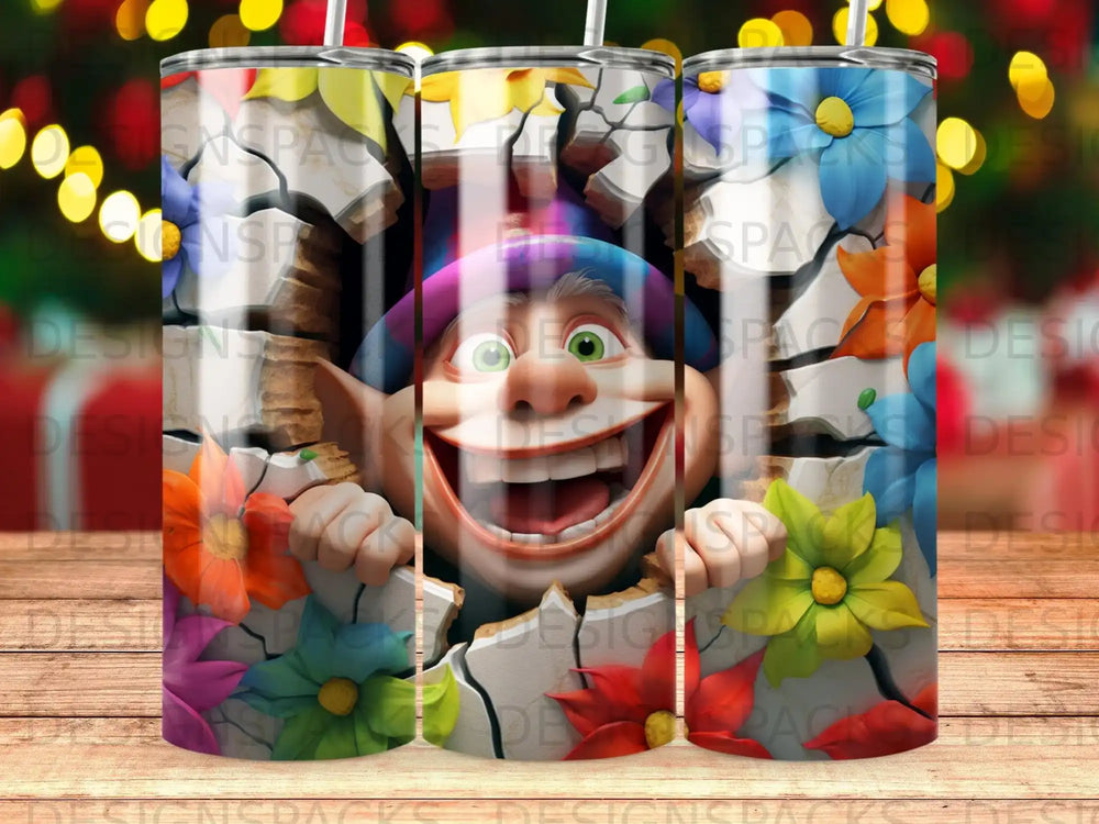 Cartoon character peeking through cracked wall with colorful flowers.