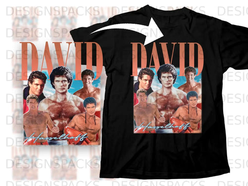 David Hasselhoff collage on a black t-shirt.