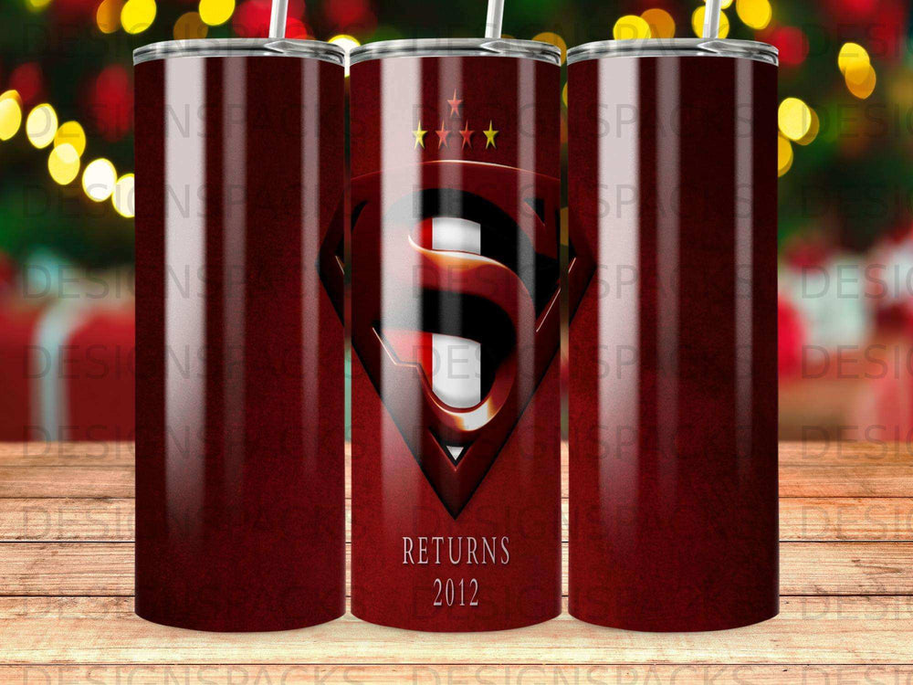 Red tumbler with dark logo and "RETURNS 2012" text.