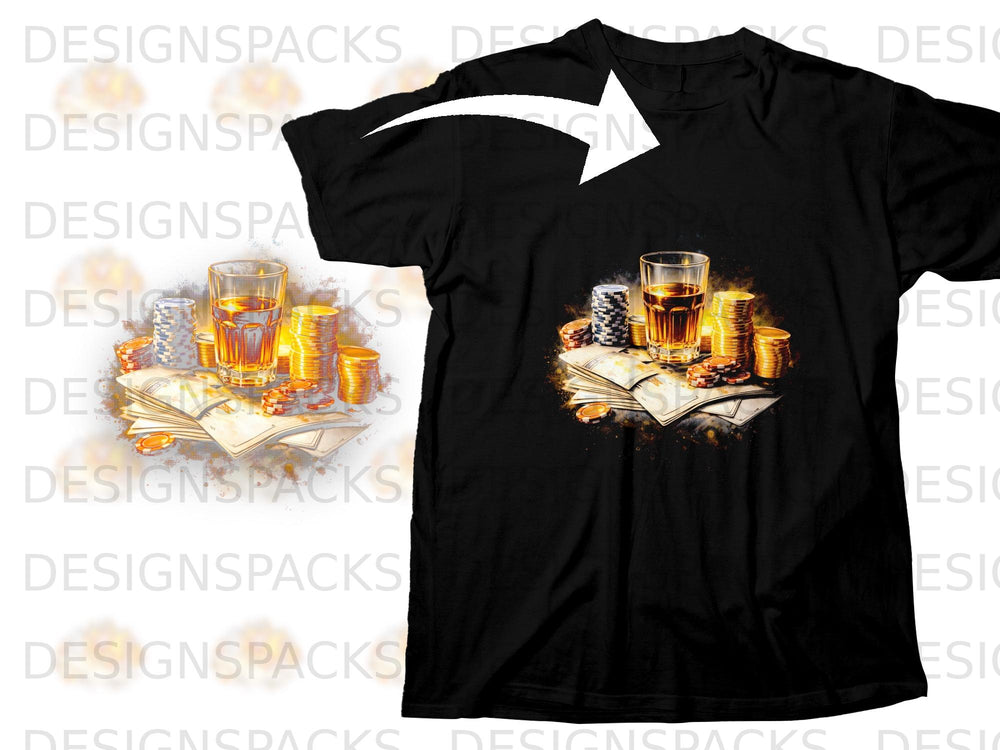 Black t-shirt with graphic of stacked poker chips, cards, and a drink.