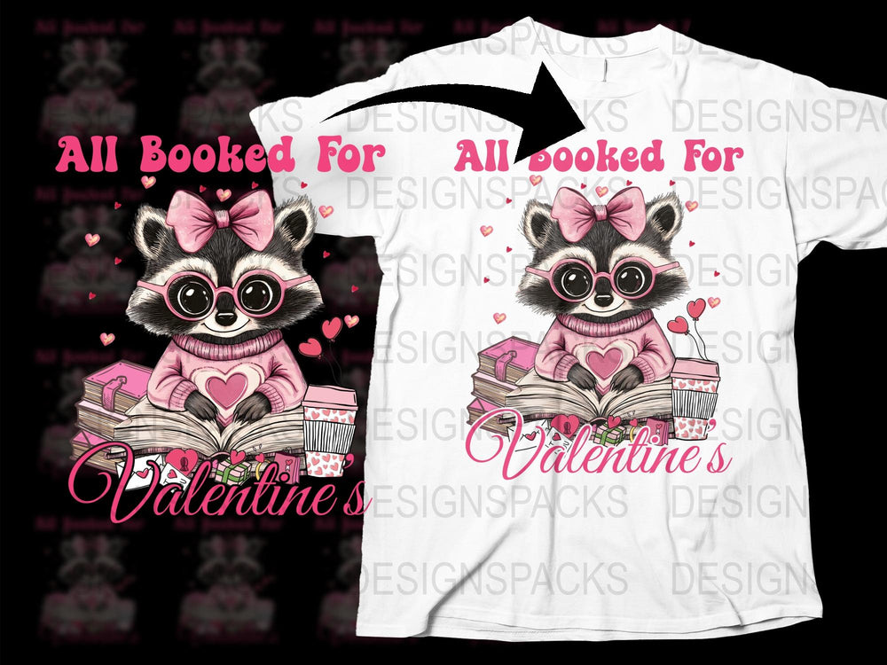 Cute Raccoon Valentine's Day T-Shirt, All Booked For Love, Heart Books Graphic Tee, Unique Romantic Gift Idea