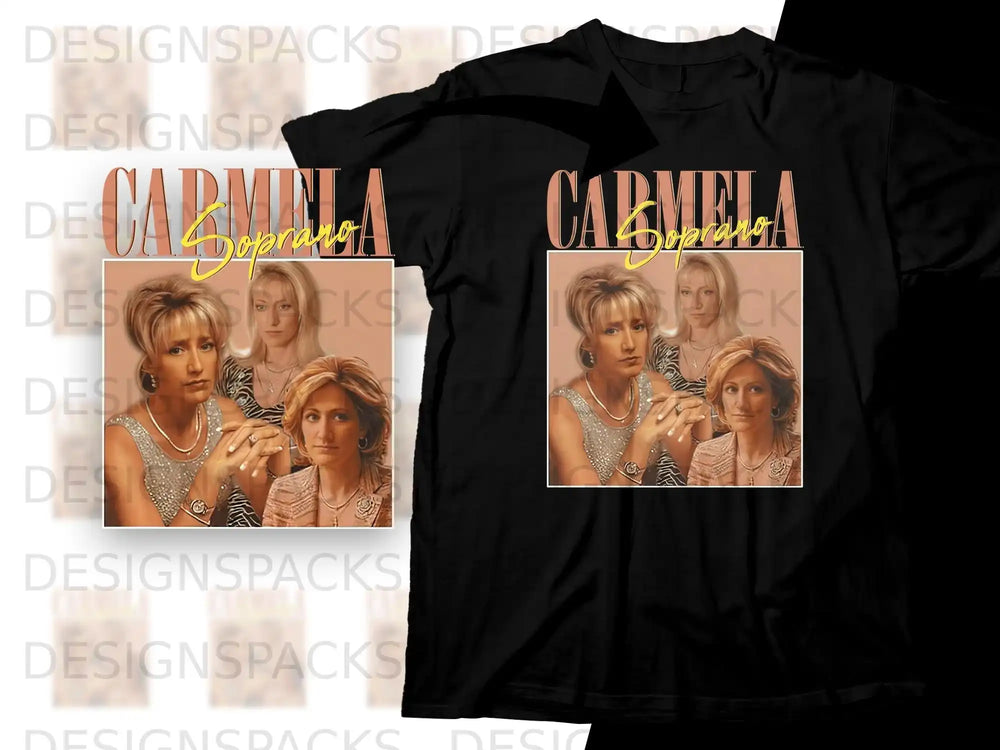 Carmela Soprano graphic on black t-shirt.