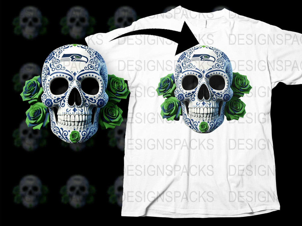 Sugar Skull T-Shirt, Blue and White Floral Day of the Dead Tee, Mexican Calavera Top, Rose Embellished Skull Shirt, Unisex Fashion