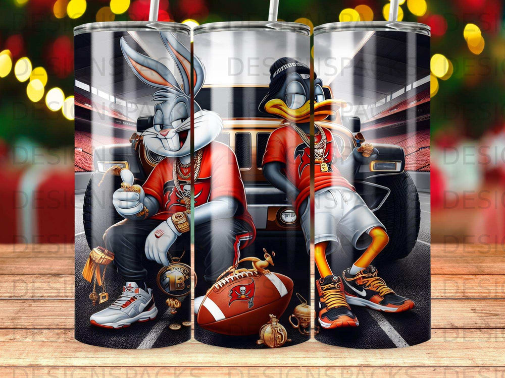 Bugs Bunny and Daffy Duck posing with a football, car, and trophies.