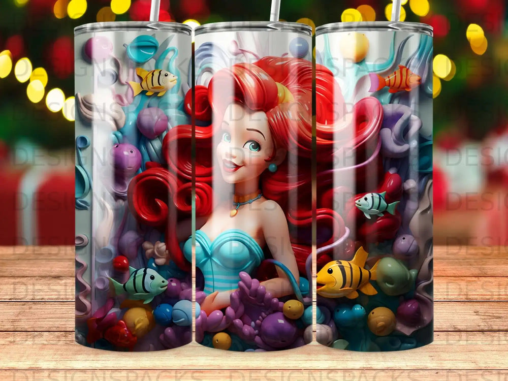 Ariel from The Little Mermaid surrounded by colorful sea creatures and coral.