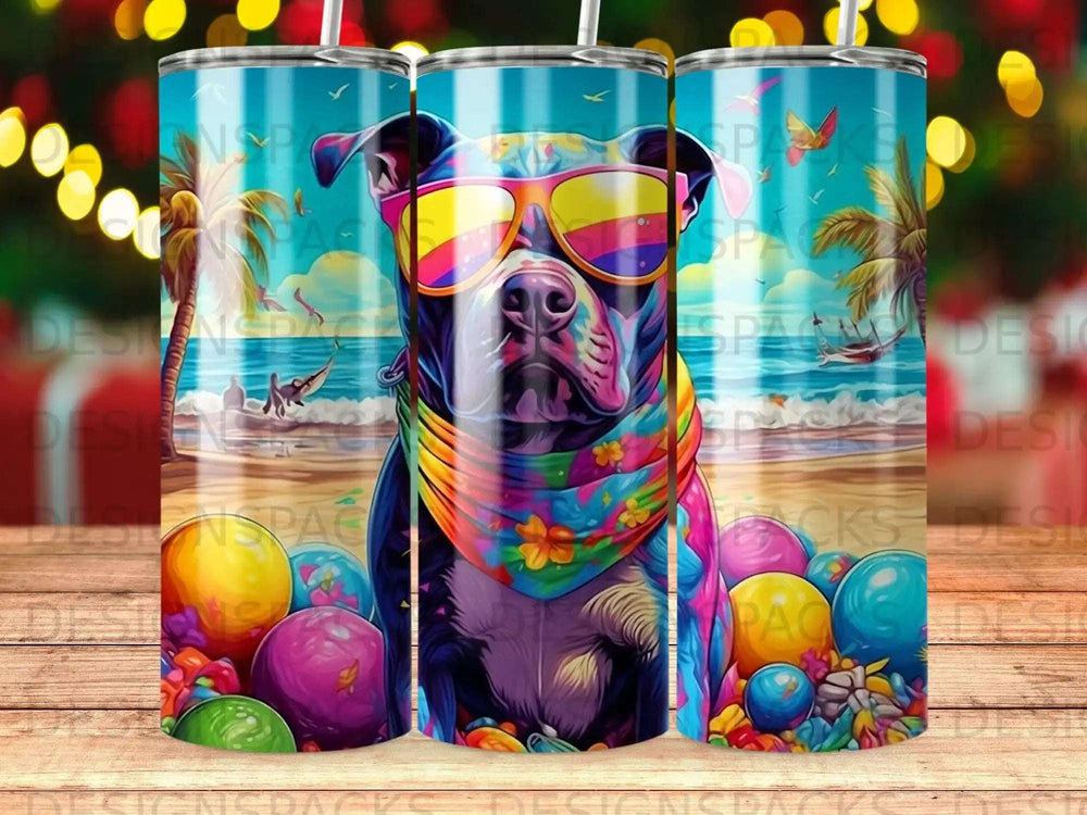Pit bull wearing sunglasses and bandana on beach with colorful balloons.