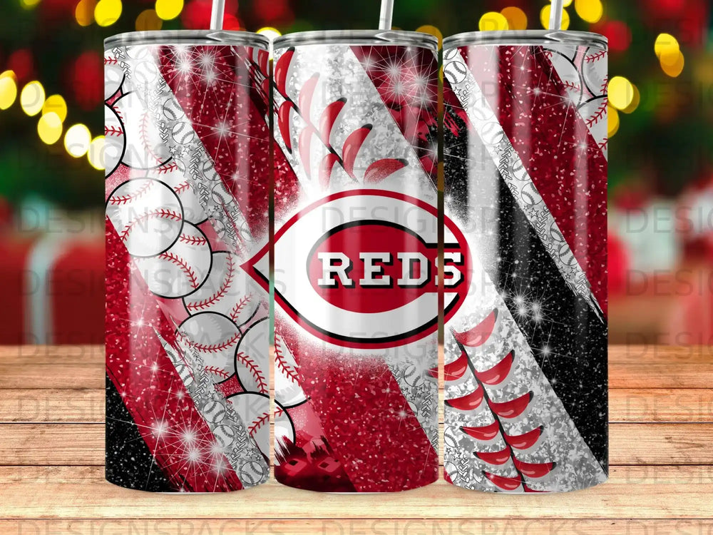 Cincinnati Reds baseball themed tumbler with red, white, and glitter.