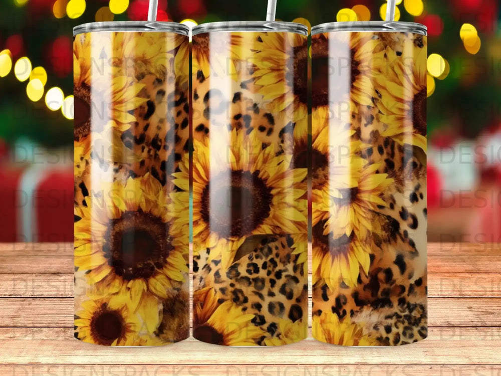 Sunflower and leopard print patterned tumbler with bokeh lights in background.