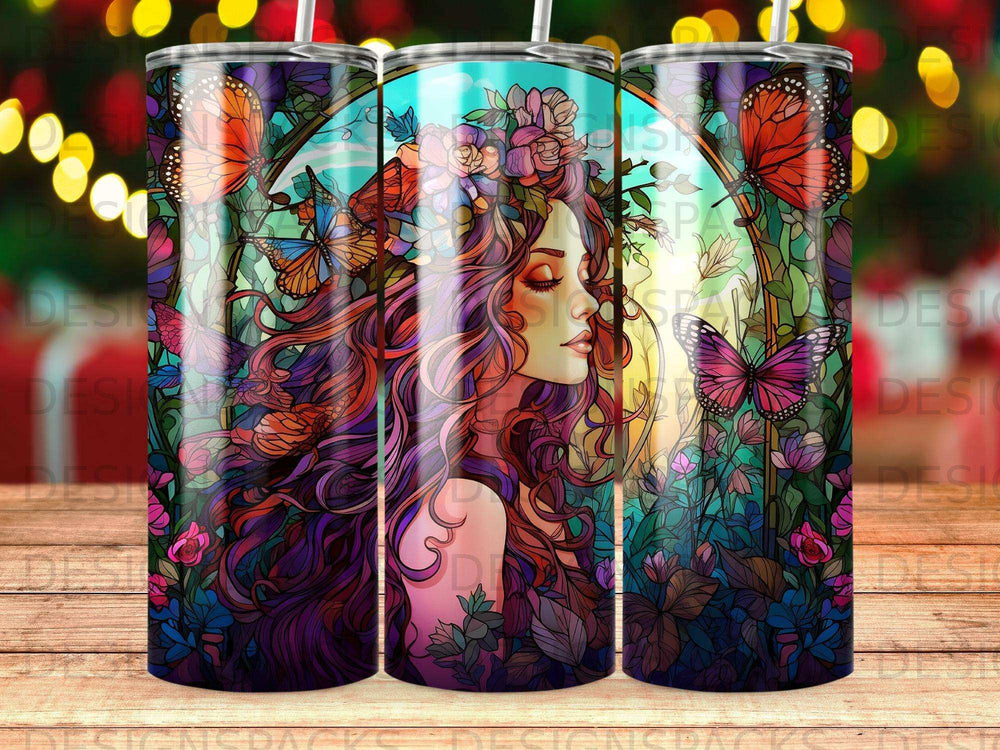 Woman with flowers and butterflies in her hair, surrounded by nature.