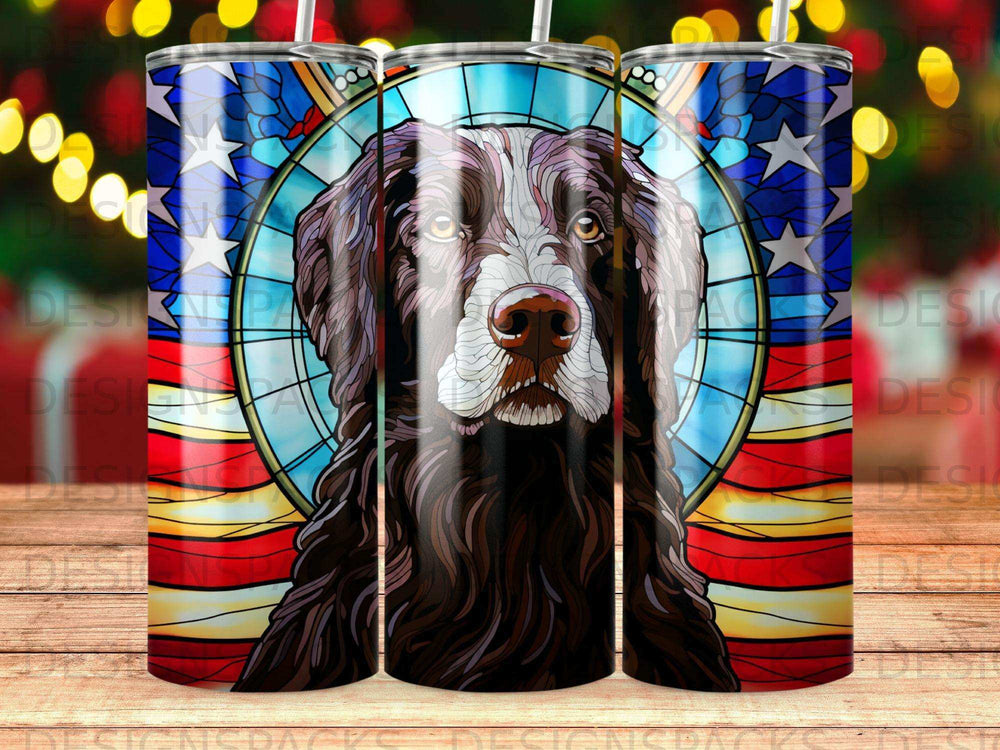 Stained glass dog portrait with American flag background and bokeh lights.