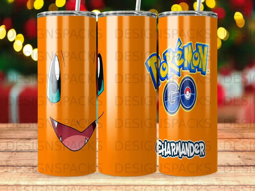 Orange tumbler with Pokémon Charmander design and "GO" logo.