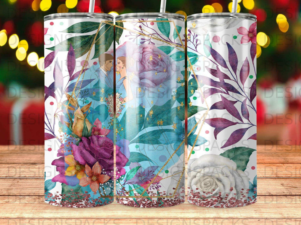 Wedding couple and floral pattern on a tapered tumbler.