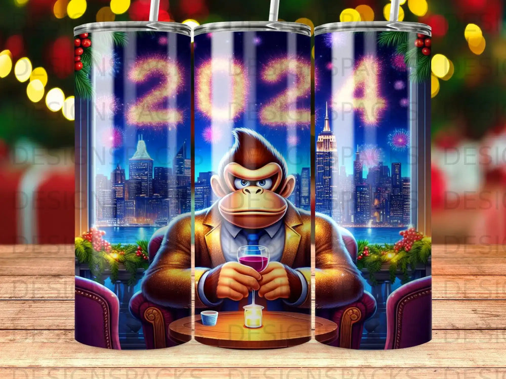 Donkey Kong in a suit holding a wine glass, with "2024" fireworks over a city skyline.