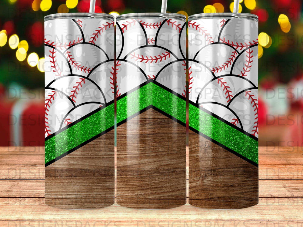 Tumbler with baseball pattern and green glitter stripe on wood background.
