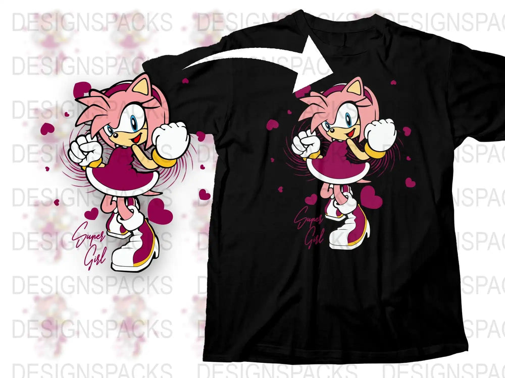 Sonic Hedgehog Amy Rose Graphic T-Shirt, Cute Cartoon Character Tee, Girls Women Casual Fashion Top, Pink Design.