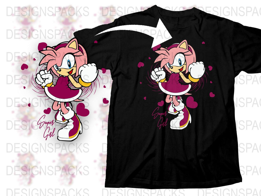 Sonic Hedgehog Amy Rose Graphic T-Shirt, Cute Cartoon Character Tee, Girls Women Casual Fashion Top, Pink Design.