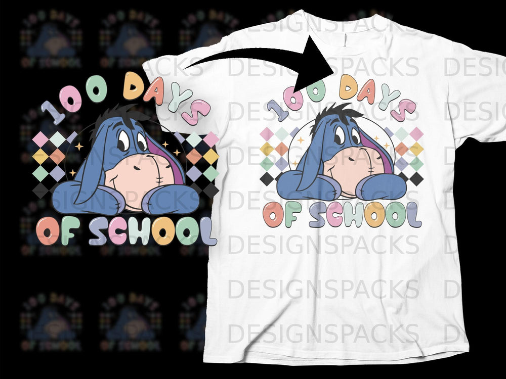 Eeyore with "100 Days of School" text on a white t-shirt.
