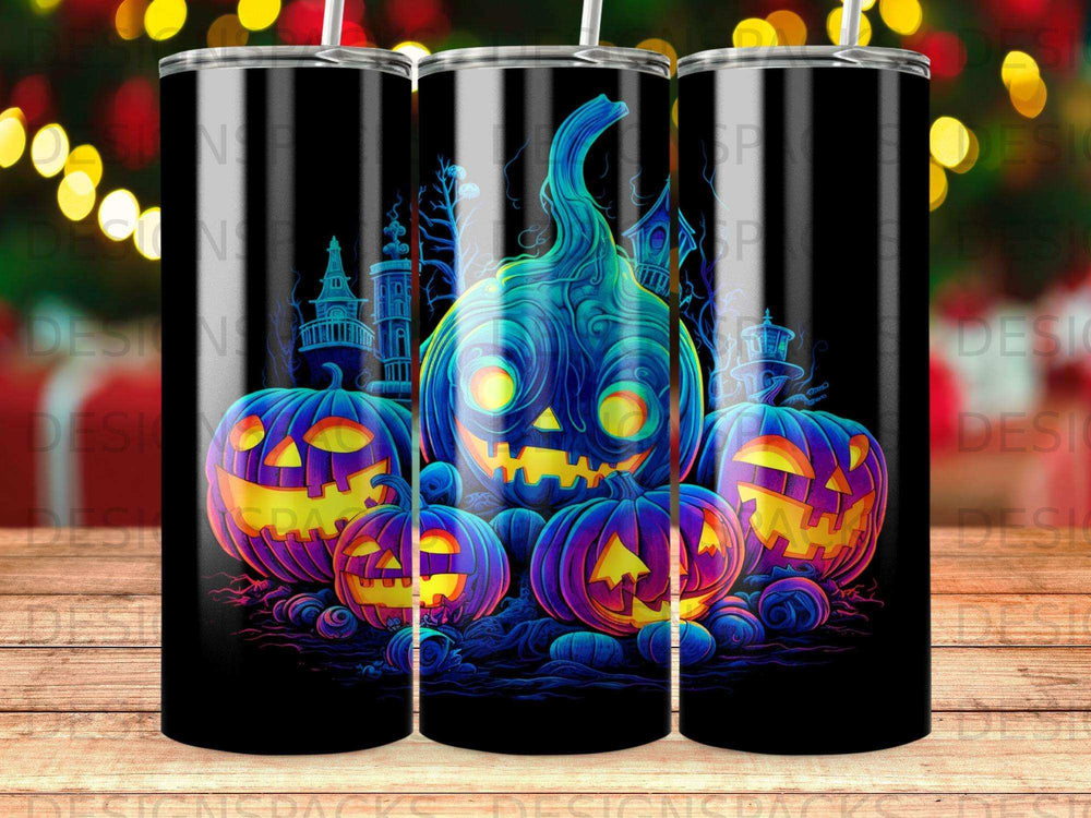 Halloween pumpkins and spooky castle on black background with bokeh lights.
