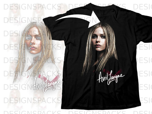 Black t-shirt with Avril Lavigne portrait and signature graphic.