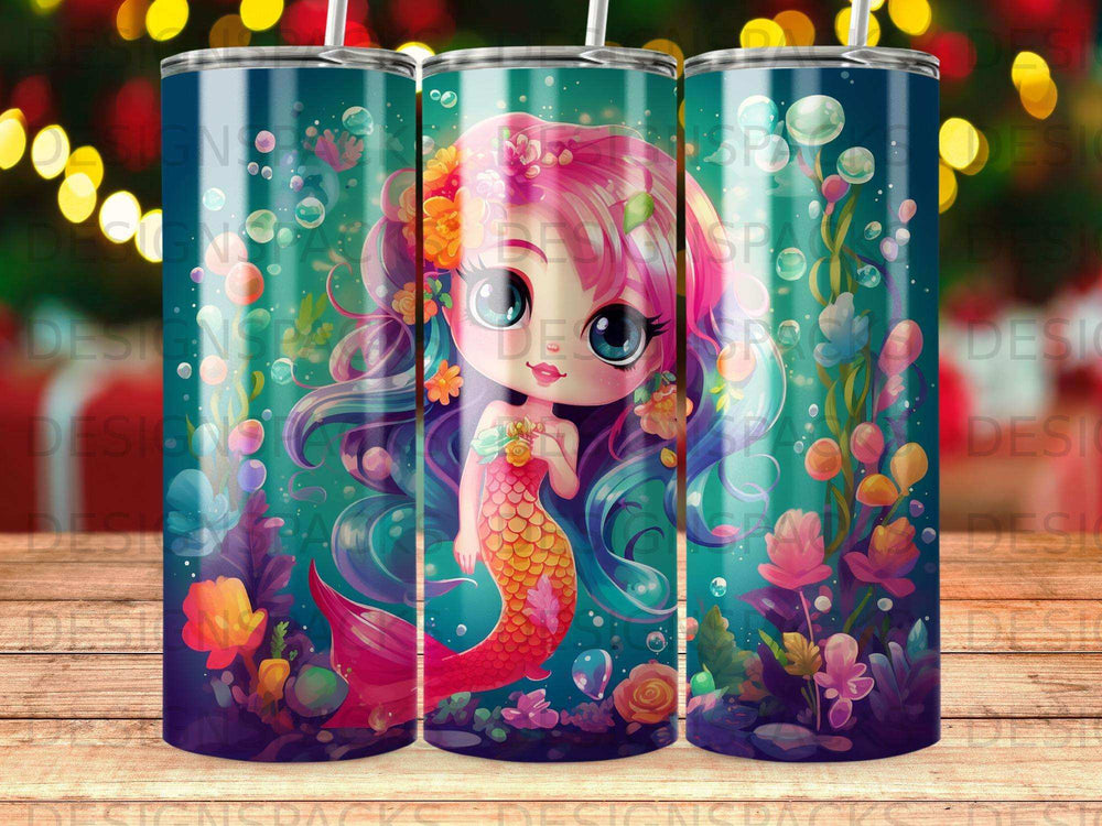 Pink mermaid with flowers and bubbles on a blue gradient tumbler.