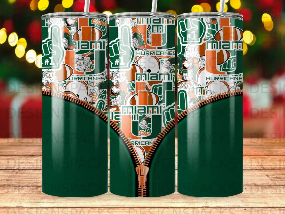 Miami Hurricanes tumbler with green zipper design.
