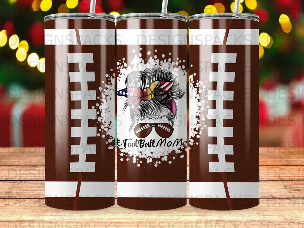 Football Mom tumbler with distressed American flag hairstyle and football accent.