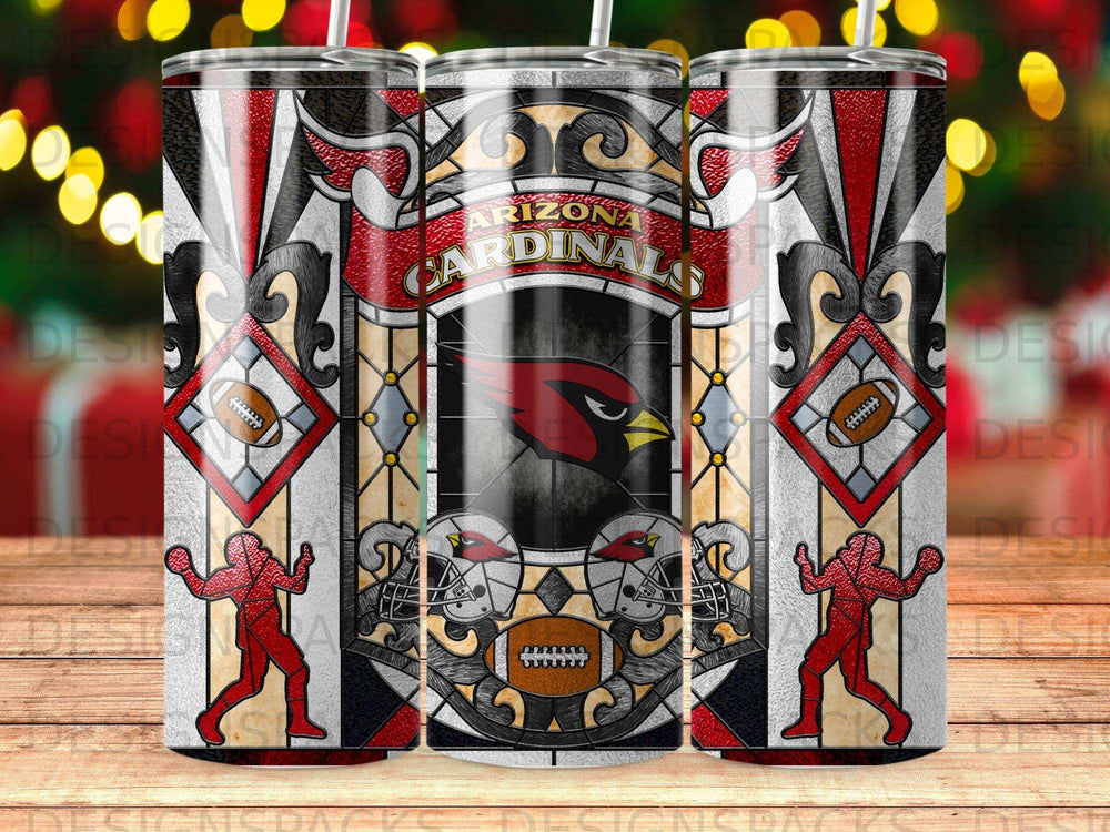 Arizona Cardinals stained glass tumbler with football helmets and a cardinal.