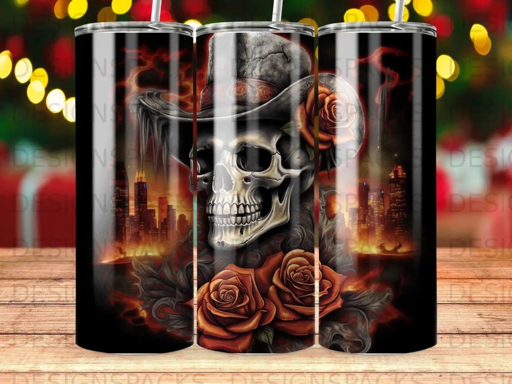 Cowboy skull with roses, city skyline, and glowing lights.